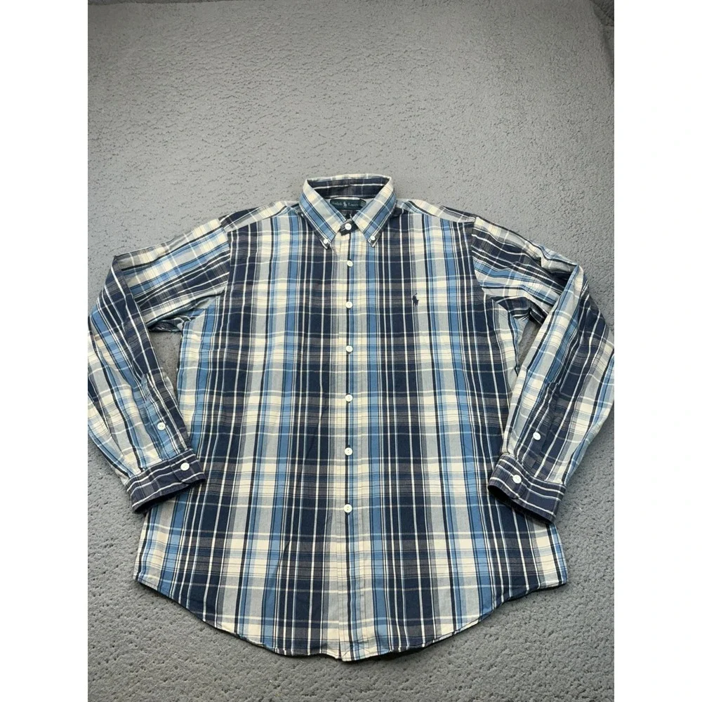 Ralph Lauren Button Down Mens Large Blue Plaid Custom Fit Long Sleeve Pony Logo